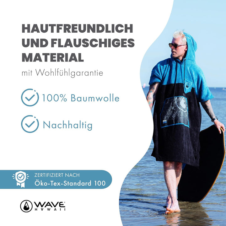WAVE HAWAII Bade-Poncho für Damen & Herren | Grösse L, 170-200cm | 100% Baumwolle Surf-Poncho | Velo