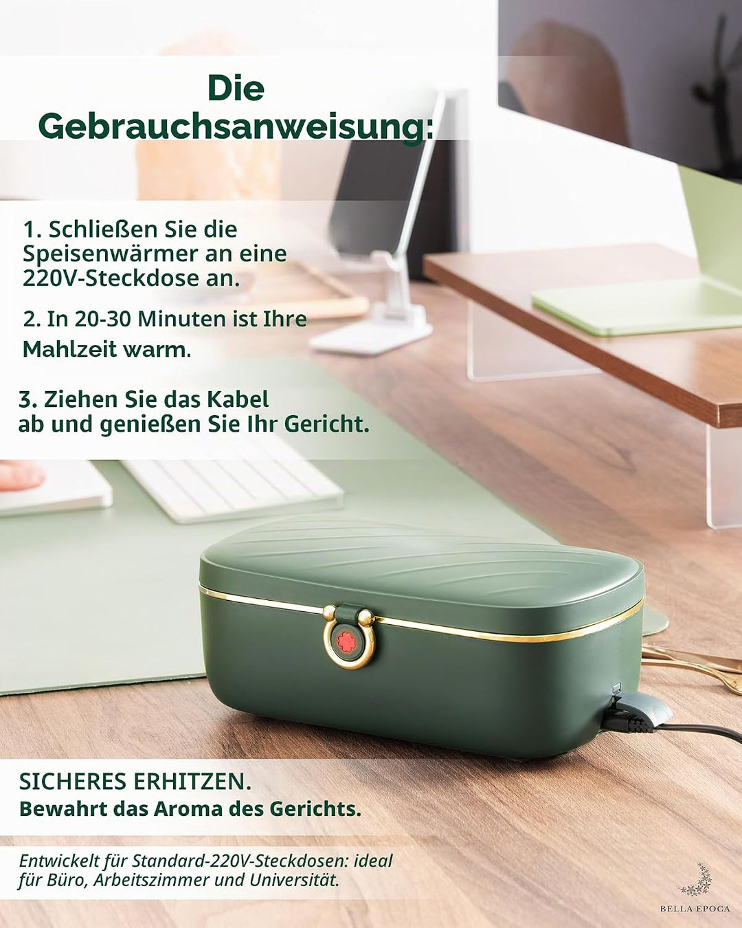 Bella Epoca® Tragbarer elektrischer Speisewärmer, eine elegante beheizbare Lunchbox (900 ml/45 W/220