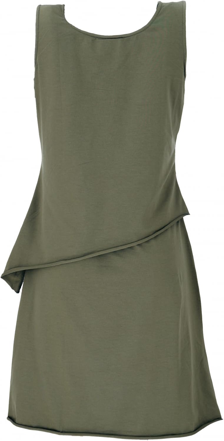 GURU SHOP Minikleid aus Bio-Baumwolle im Lagenlook, ärmelloses Kleid mit Federdruck, Damen 36 Olive,