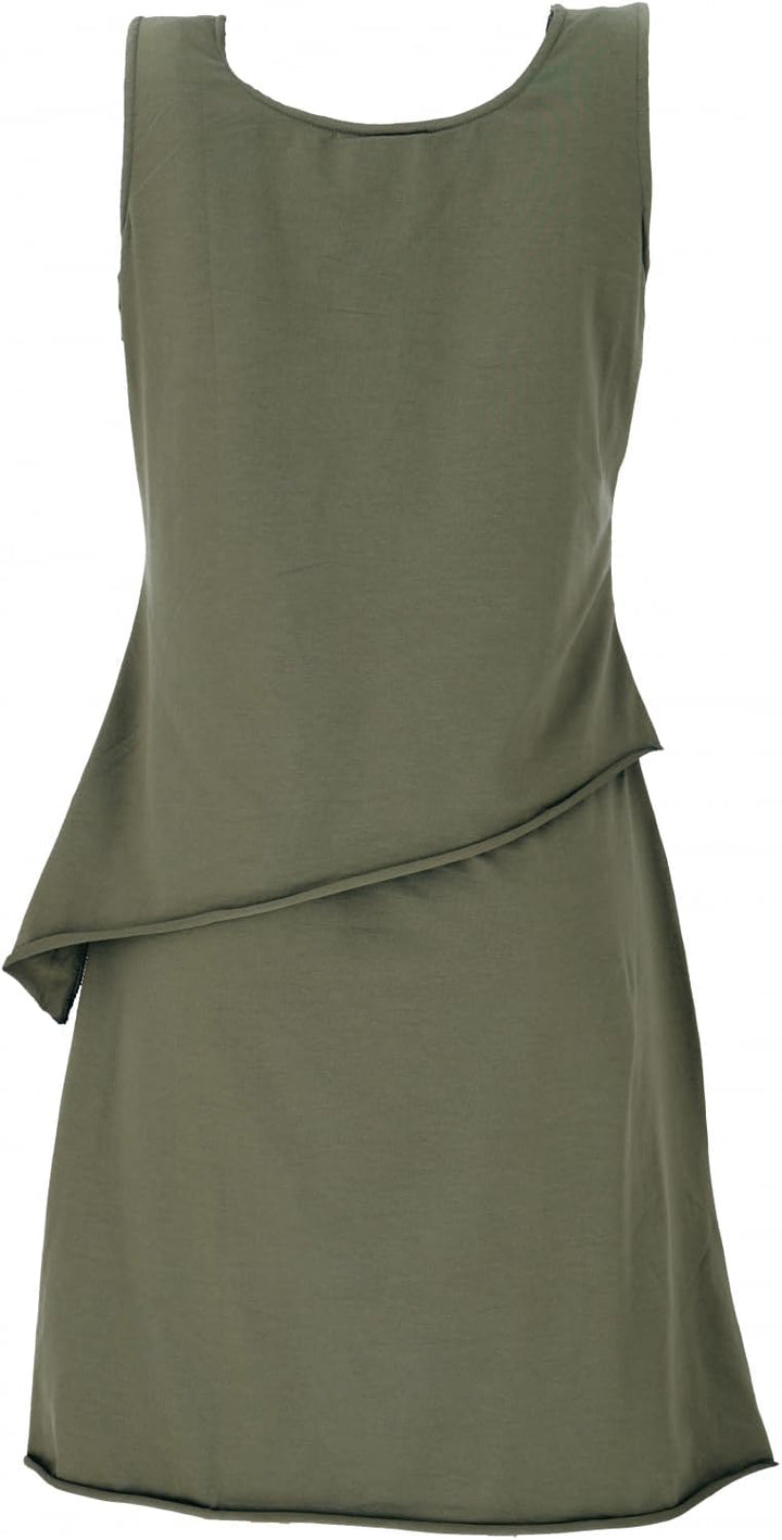 GURU SHOP Minikleid aus Bio-Baumwolle im Lagenlook, ärmelloses Kleid mit Federdruck, Damen 36 Olive,