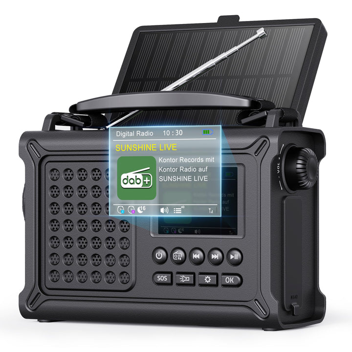 ROCAM Kurbelradio DAB+/UKW, Tragbare Notfallradio 12000mAh mit 8500mm² Solarpanel & 650mA Kurbel, Di