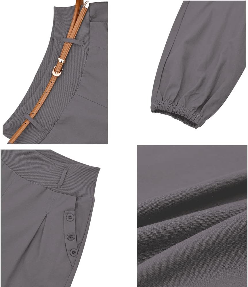 Cindeyar Damen Haremshose Elegant Pumphose Lange Leinen Hose mit Gürtel Aladin Pants M Grau, M Grau