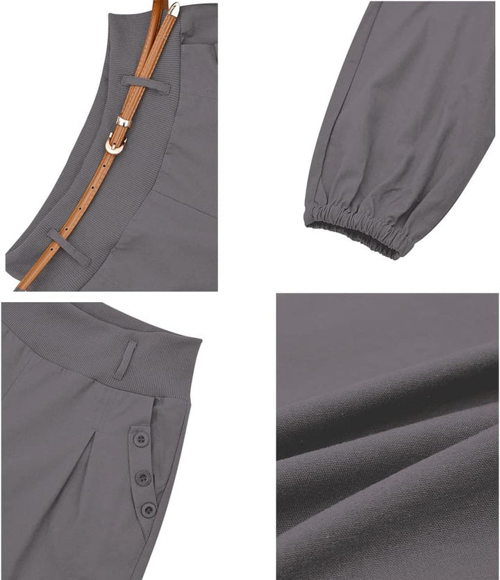 Cindeyar Damen Haremshose Elegant Pumphose Lange Leinen Hose mit Gürtel Aladin Pants M Grau, M Grau