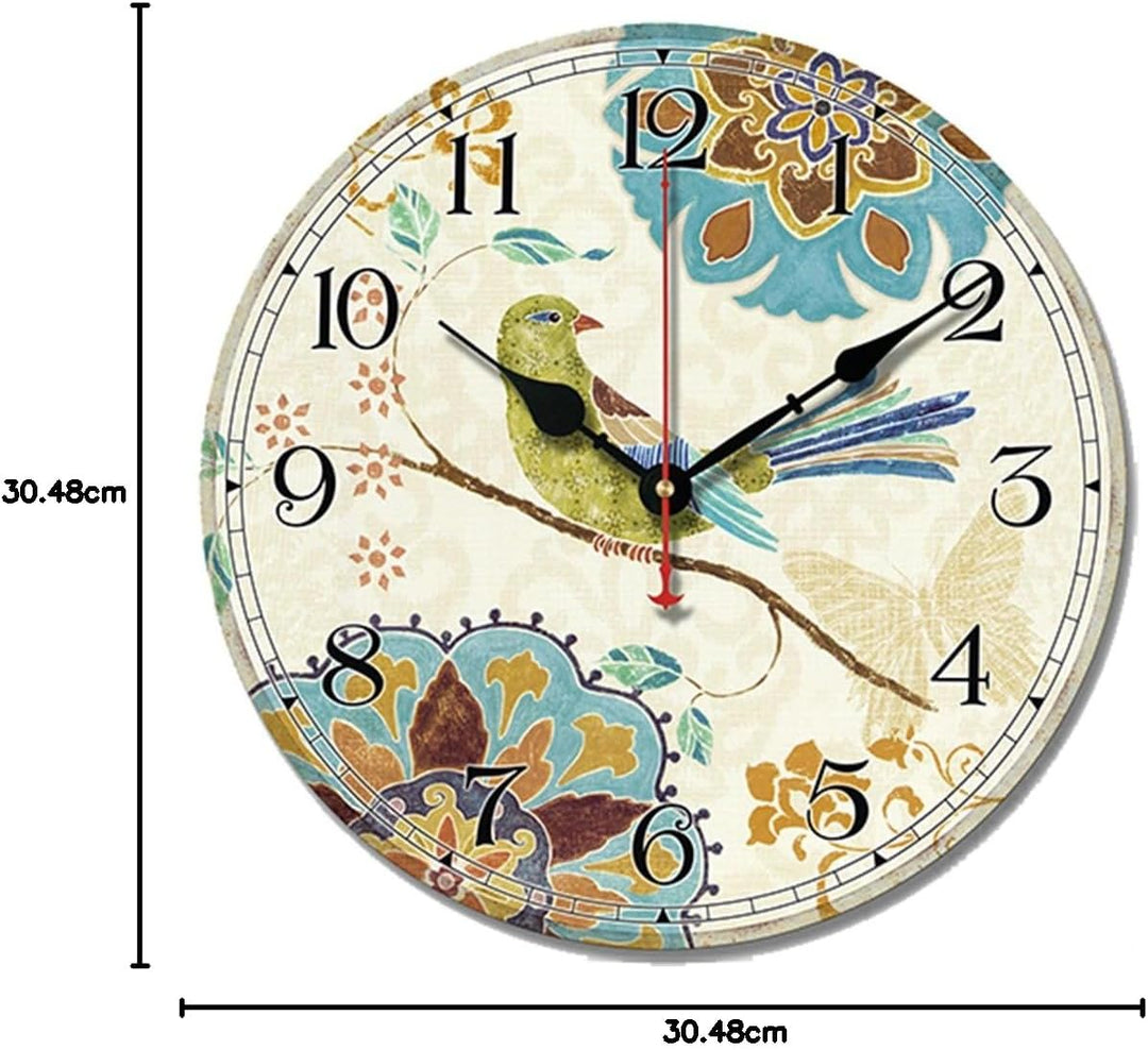 SWHONG Wanduhr, bunt, Shabby Chic, Vogel & Blumen, Nicht Ticking, für Wohnzimmer, Dekoration des Hau
