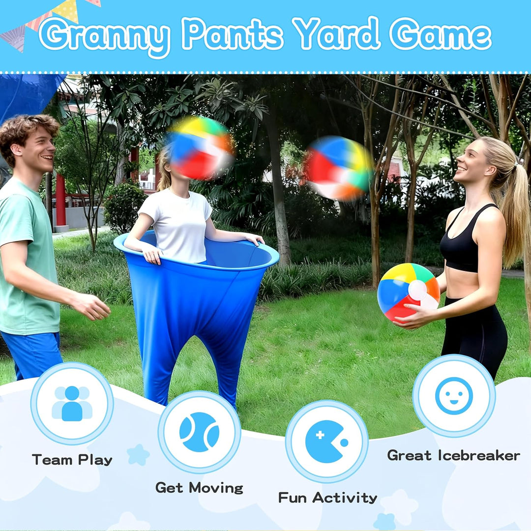 Granny Pants Yard Game 2er Set, Fanghosen-Spiel für Erwachsene, 2 Riesige Hosen, 12 Aufblasbare Rain