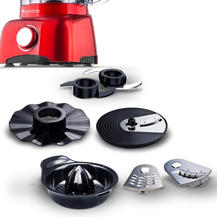 TurboTronic Food Processor 1,2L schwarz, rot, Küchenmaschine mit Mixaufsatz, Raspelscheiben,