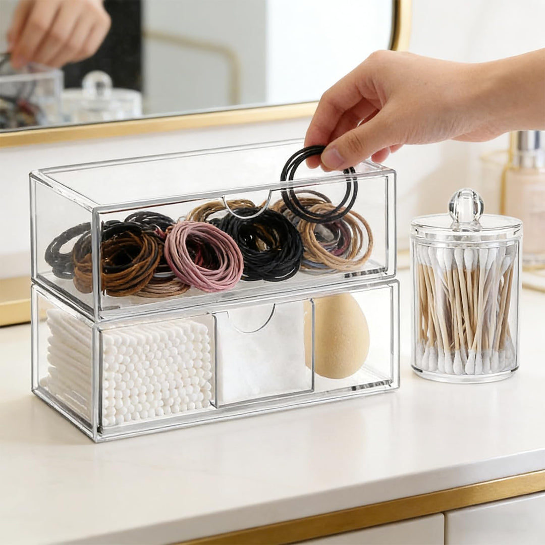 2er-Set Kosmetik Make Up Organizer, Wattepadspender, Wattestäbchen Behälter, Clear Schminktisch Orga