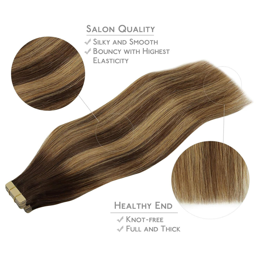 WENNALIFE Tape Extensions Echthaar, 20pcs 40g 30cm 12 Zoll Balayage Schokoladenbraun bis Karamellblo