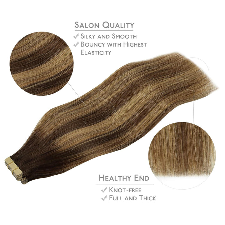WENNALIFE Tape Extensions Echthaar, 20pcs 40g 30cm 12 Zoll Balayage Schokoladenbraun bis Karamellblo