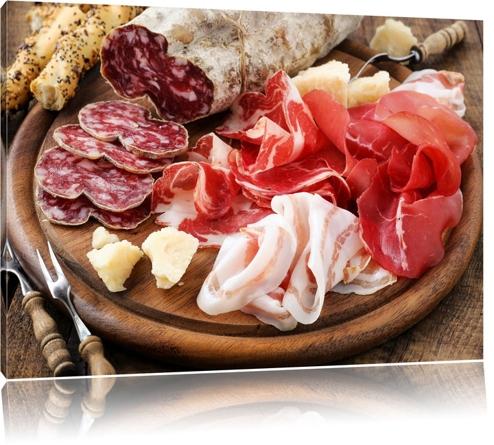 Brotzeit mit Wurst Format: 100x70 auf Leinwand, XXL riesige Bilder fertig gerahmt mit Keilrahmen, Ku