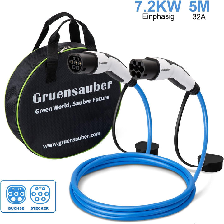 Gruensauber Typ 2 Ladekabel für EV/Elektroautos/PHEV, 7.2kW, 32A, 5 Meter, Einphasig Mode 3 Typ 2 au
