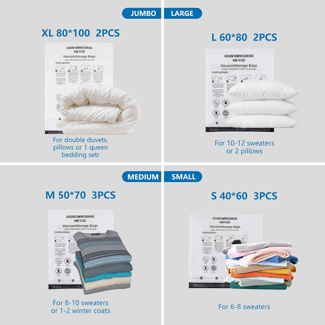 Vakuumbeutel für Kleidung mit Elektropumpe, 10 Stück Vacuum Bags (2x 100x80cm, 2x 80x60cm, 3x 70x50c