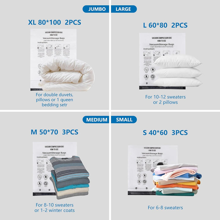 Vakuumbeutel für Kleidung mit Elektropumpe, 10 Stück Vacuum Bags (2x 100x80cm, 2x 80x60cm, 3x 70x50c