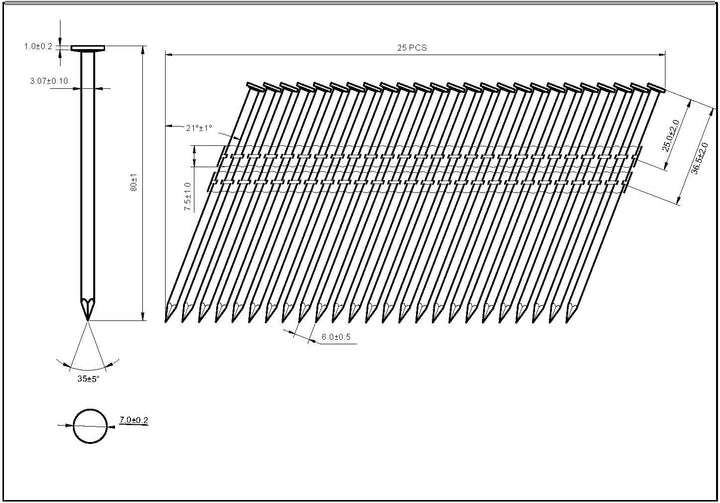 21° Rundkopf Streifennägel, 3,1X80mm, 3.000 stück, Glatt/verzinkt Blank/glatt 3,1X80mm, Blank/glatt