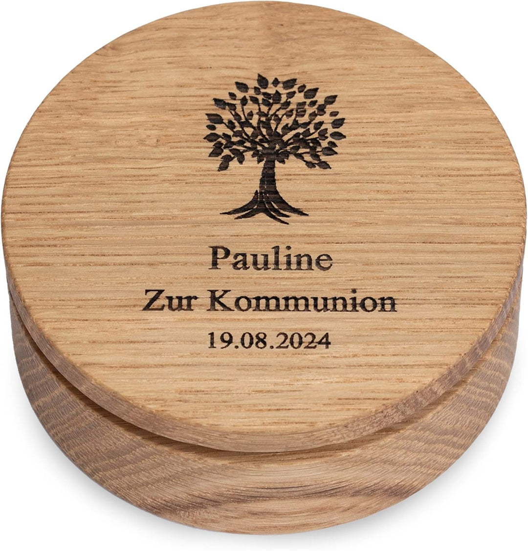 Schmuckdose aus Holz mit individueller Gravur, personalisiertes Schmuckkästchen, runde Schmuckschatu