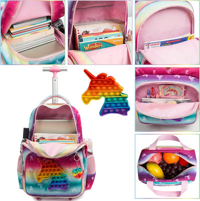 HTgroce Schulranzen Mit Rollen Rollrucksack Schulranzen mit Rollen für Mädchen Pop it Rucksack mit L