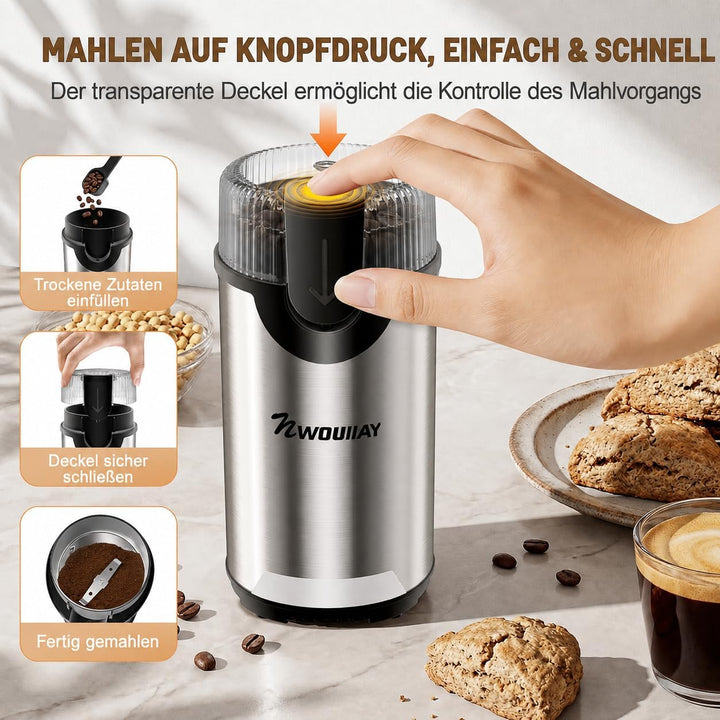 Kaffeemühle 300W Kaffeemühle Elektrisch und Gewürzkapazität bis zu 80 g Kaffeebohnen Klingen aus ros