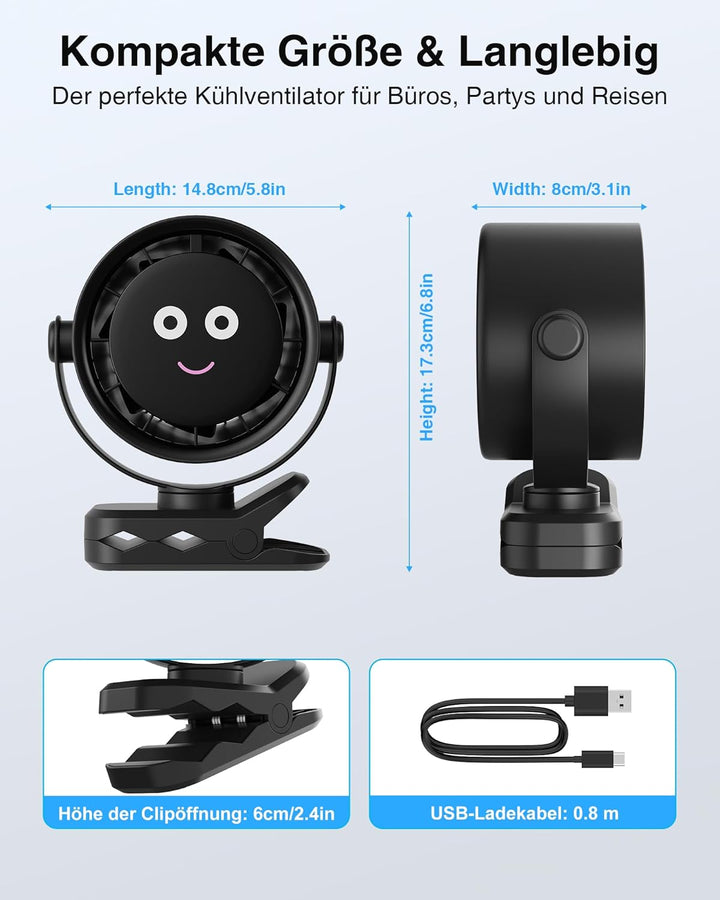 Ventilator Leise mit Clip - USB Tischventilatoren, 5 Geschwindigkeiten Tragbarer Mini Fans mit LED D
