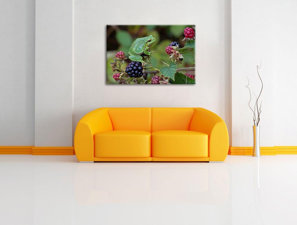 kleiner Frosch auf Brombeerstrauch Leinwand, XXL riesige Bilder fertig gerahmt mit Keilrahmen, Kunst