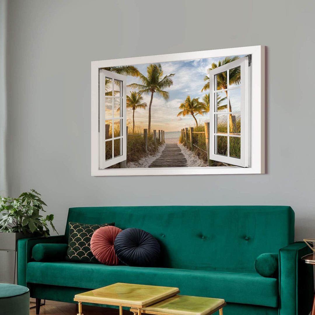 PICANOVA – Bild auf Leinwand Palmenweg zum Meer Fenster 120x80cm – Leinwandbild – Premium Leinwanddr
