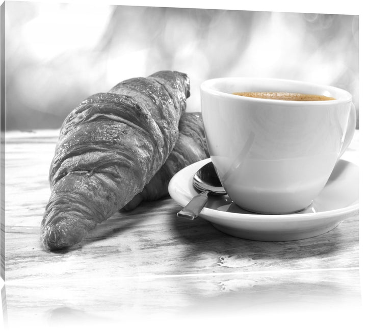 Croissants und Kaffee schwarz/weiss Format: 100x70 auf Leinwand, XXL riesige Bilder fertig gerahmt m