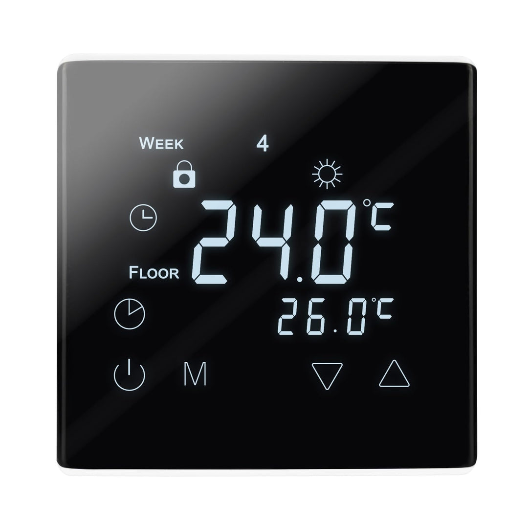Modernes und elegantes Touchscreen Thermostat mit Programmiermöglichkeiten und inklusive Bodenfühler