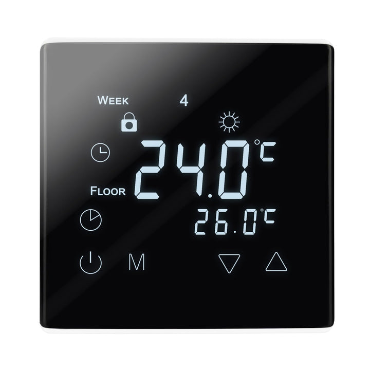 Modernes und elegantes Touchscreen Thermostat mit Programmiermöglichkeiten und inklusive Bodenfühler