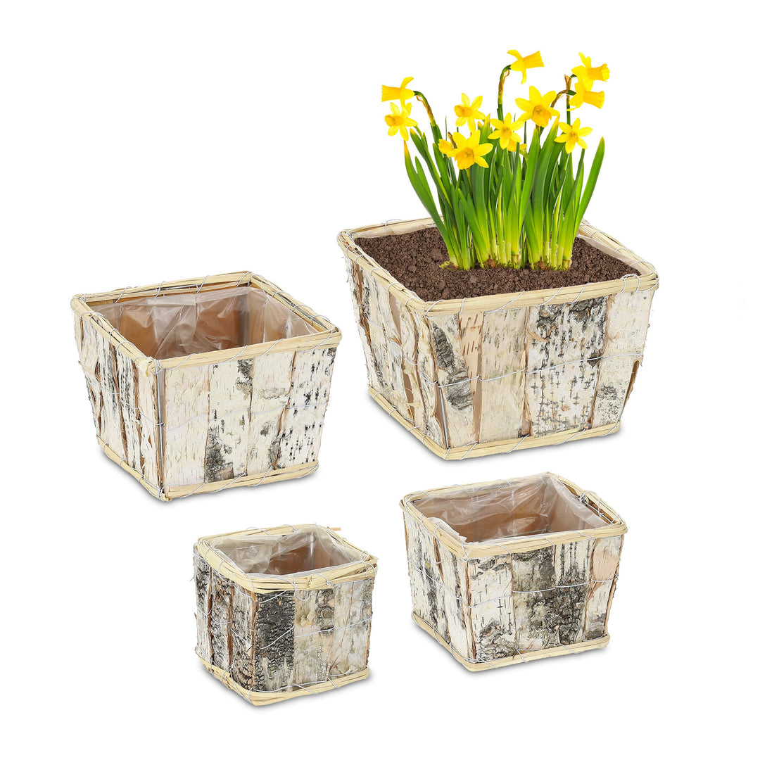 Relaxdays Blumentopf, 4 versch. Grössen, eckig, Birke, Pflanzentöpfe mit Folie, Pflanzkörbe für inne