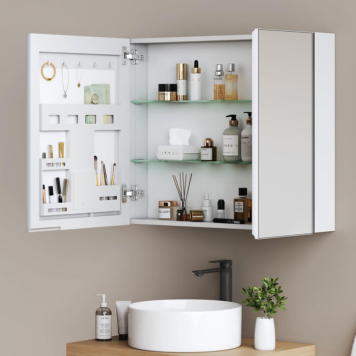 EMKE Spiegelschrank Bad 80×65×14,5 cm aus Aluminium, Weiss Matt, Doppeltür mit Aufbewahrung, 2 verst