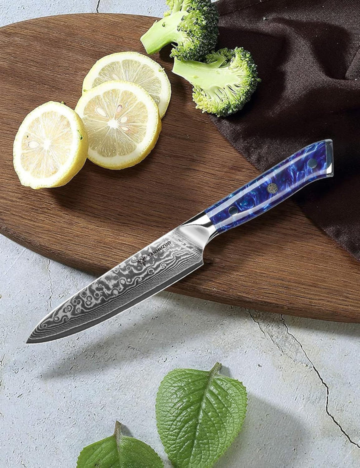 SANMUZUO Allzweckmesser Damastmesser 13 cm Klingenlänge - Japanisches Kochmesser - VG 10 Damaskus St