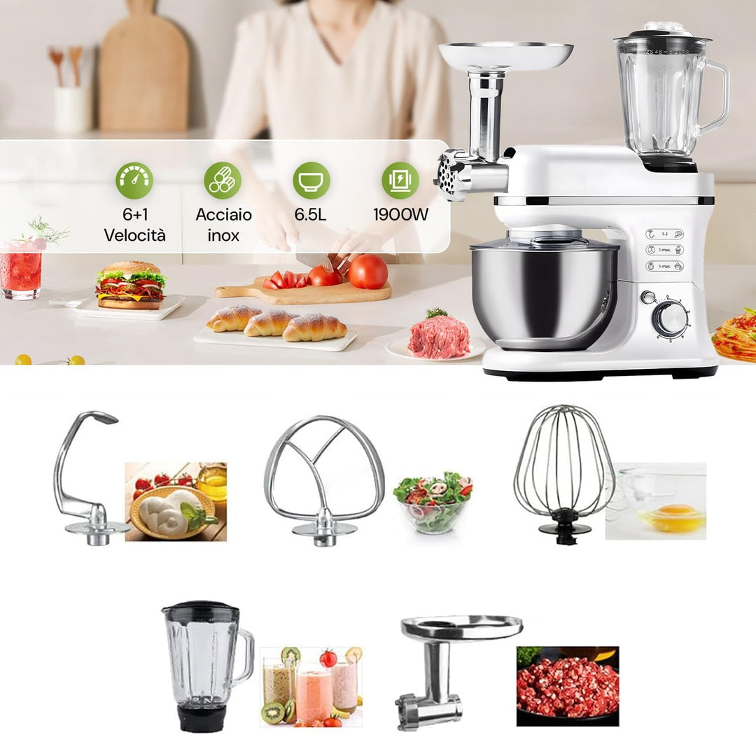 Avilia Planetarische Küchenmaschine mit Fleischwolf und Mixer aus Edelstahl 6,5 l 1900 W – 360° Rühr