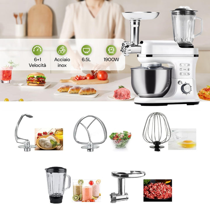 Avilia Planetarische Küchenmaschine mit Fleischwolf und Mixer aus Edelstahl 6,5 l 1900 W – 360° Rühr