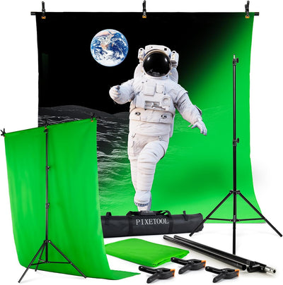 PIXETOOL - Greenscreen mit Ständer (2,6m x 1,5m) - Fotohintergrund - Fotostudio – Green Screen - Hin
