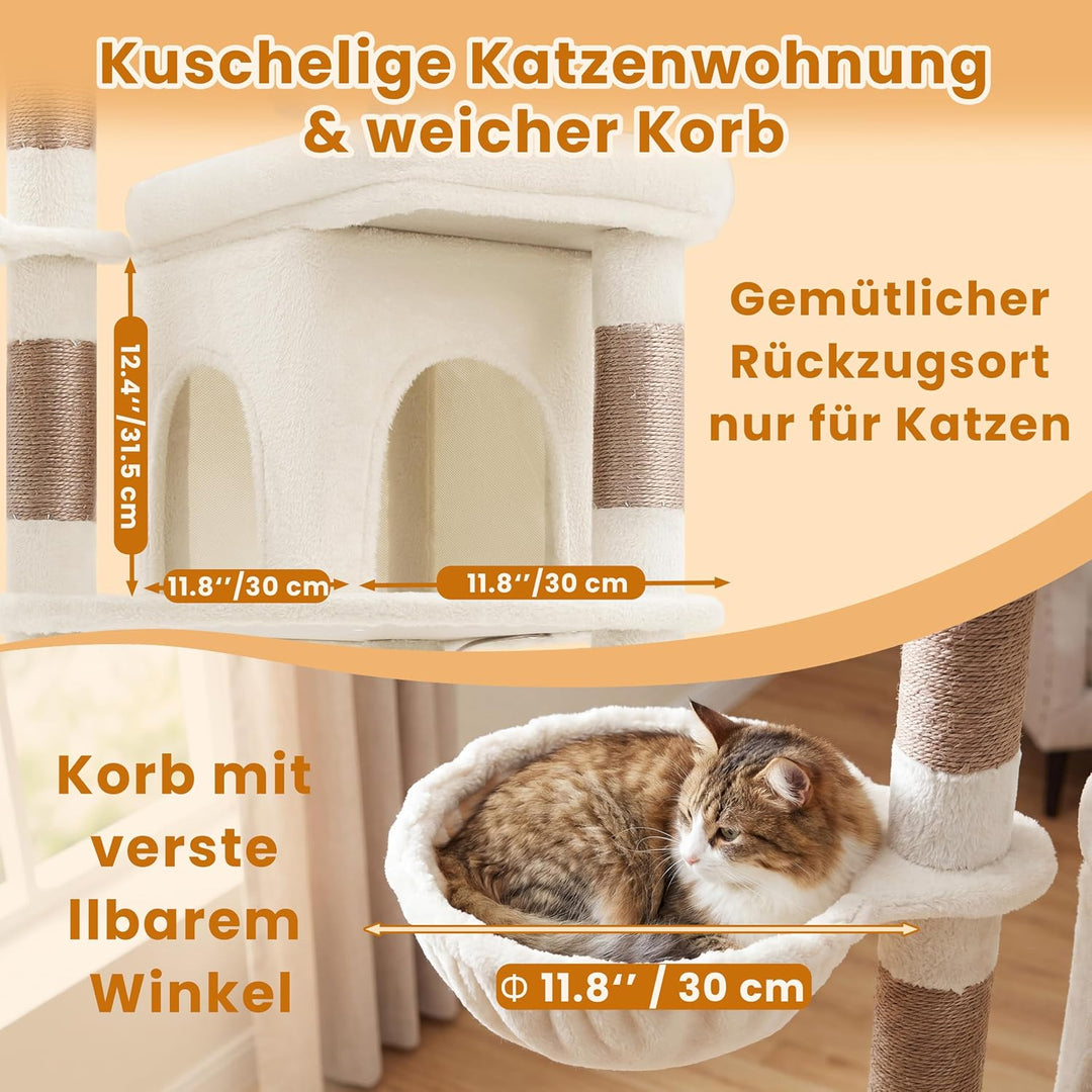 Heybly kratzbaum gross 142 cm mit Leichtem Aufstieg, Beige HCT028MJ | 2 Ruheplattformen, Katzenhöhle