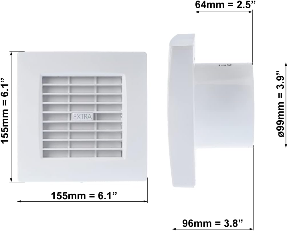 EUROPLAST Badlüfter 100 mm Abluftventilator mit elektrischem innenverschluss, nachlaufzeit und Feuch