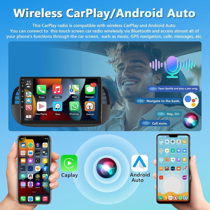 Carplay Autoradio für FIAT 500 2007-2015, 2GB+64GB Bildschirm Car Stereo mit Wireless Android Auto G
