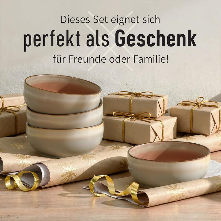 Ava Nord Steinzeug Keramik Müslischalen | 4er Set | 600ml | Salbeigrau | Bleifrei, Cadmiumfrei, Mikr