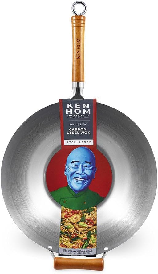 Ken Hom Carbonstahl Wokpfanne, 32cm, Excellence, Wok Induktion, Natürliche Patina Antihaftbeschichtu