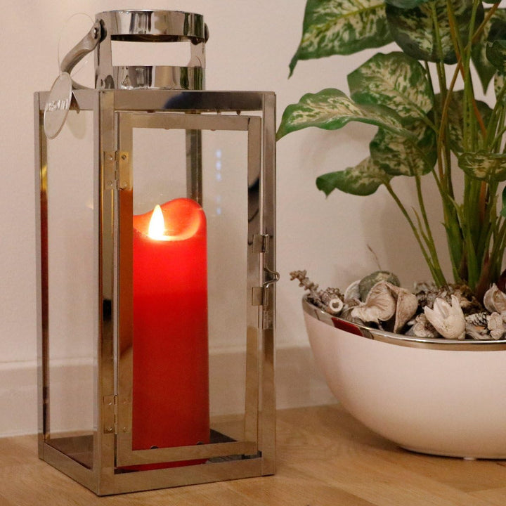Dekovita Edelstahl-Laterne - 30cm Gartenlaterne mit 18cm Outdoor LED Kerze in Rot mit Timer Fernbedi