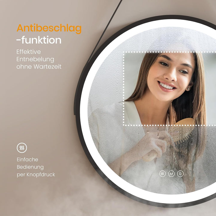 EMKE Badspiegel Rund Schwarz 80 cm, Antibeschlag | Badspiegel mit Beleuchtung und Touchschalter, 3 d