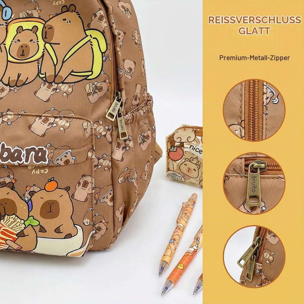 OPVXZAD Capybara Rucksack Set, Schulrucksack Grosse Kapazität mit Capybara Federmäppchen, Stiften &amp;