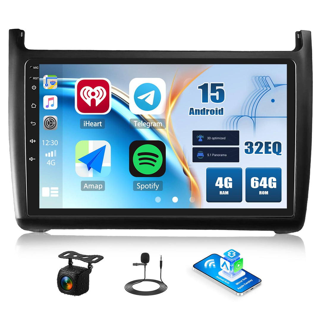 4+64G Android 15 CAMECHO 9 Zoll Autoradio für VW Polo 6R 6C 9N 2008-2016 mit Wireless Carplay Androi