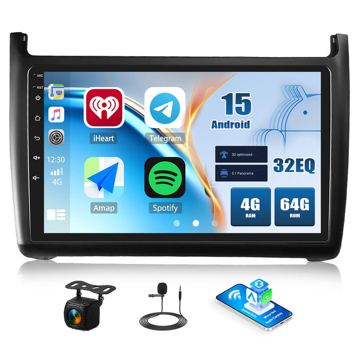 4+64G Android 15 CAMECHO 9 Zoll Autoradio für VW Polo 6R 6C 9N 2008-2016 mit Wireless Carplay Androi