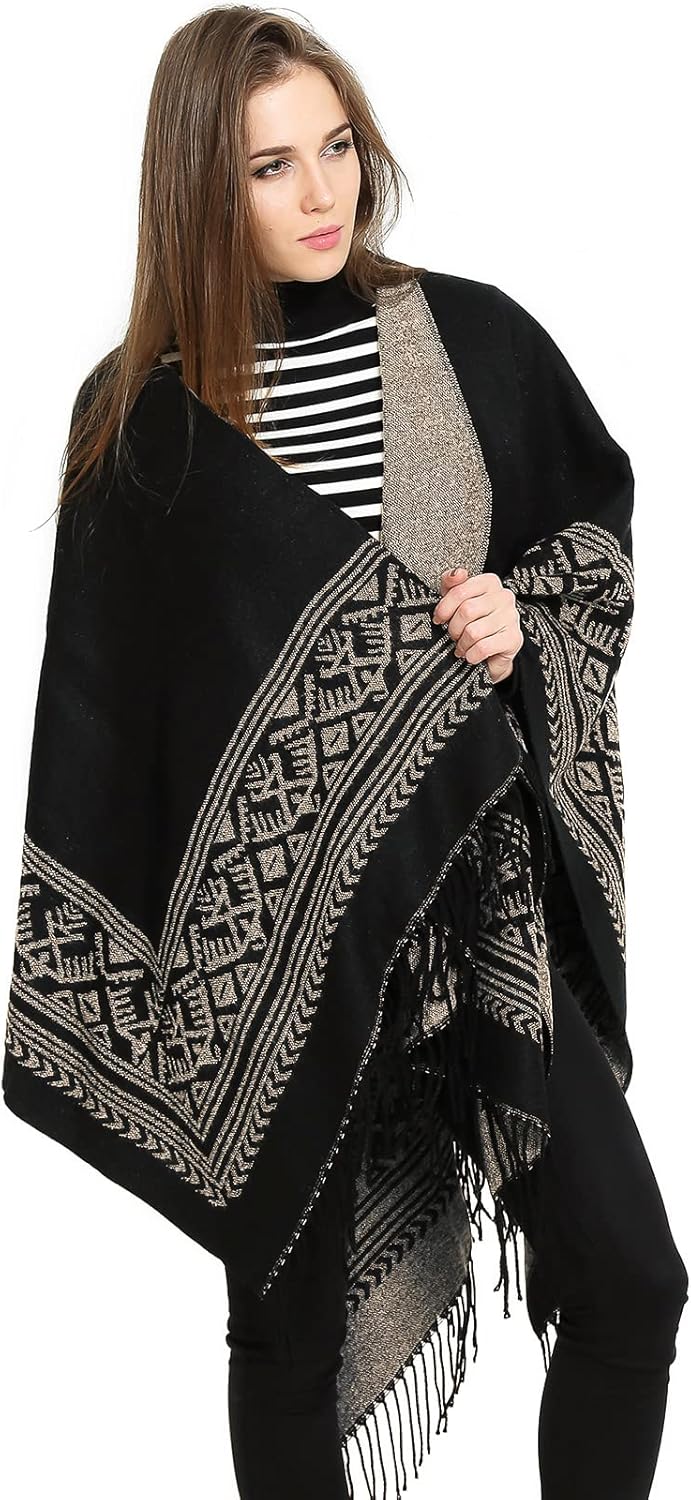Superora Damen Poncho Cape Umhängetuch Stola Strick-Pullover Karierte Deckenschal Sweatshirt Schal m
