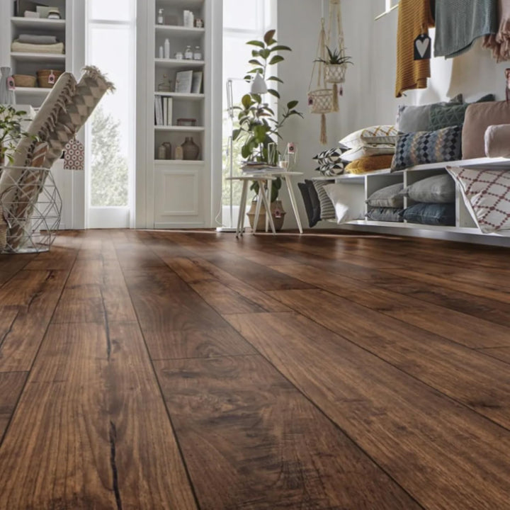 Laminatboden Nostalgie Teak – Landhausdiele Teak braun – Exquisit Serie, 193 × 1380 mm, 8 mm Stärke,