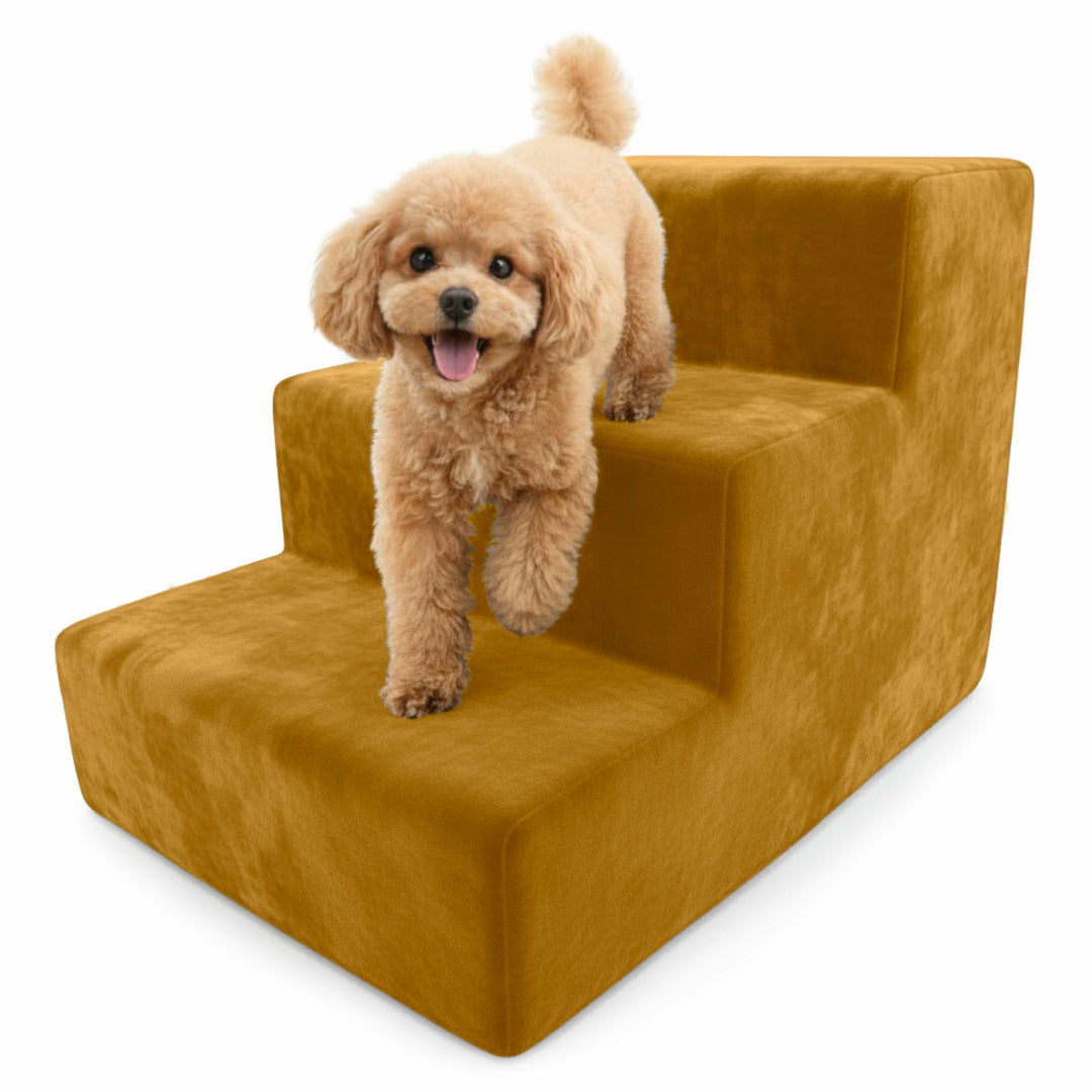 Muralo Hundetreppe 3 Stufen für Kleine Hunde, Katzen, Velvet - Gelb | Haustiertreppe 30 cm, rutschfe