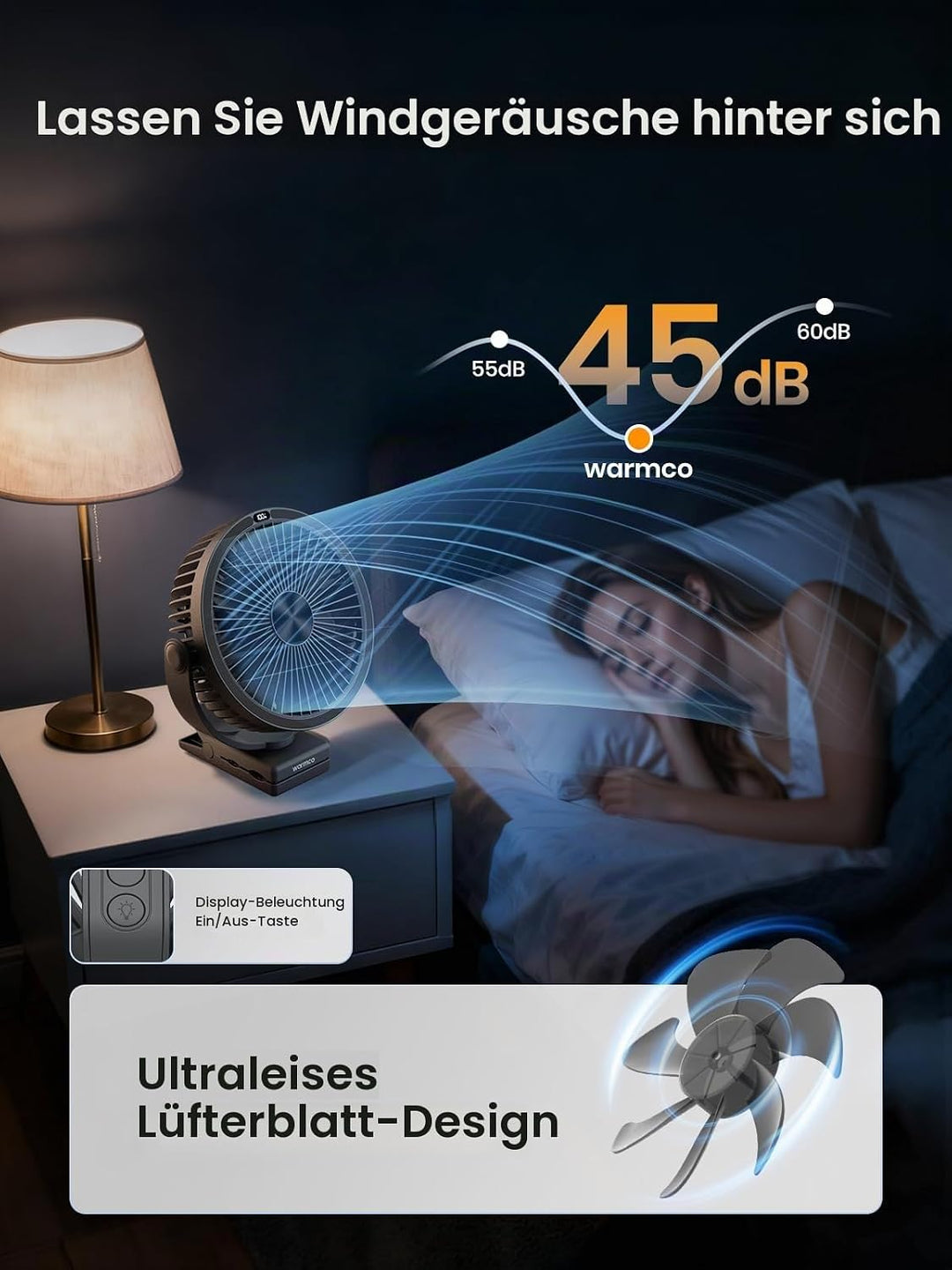 Warmco Tragbarer Tischventilator mit 10000 mAh, 720° Drehung & 3-in-1-Montage – 4 Geschwindigkeitsst