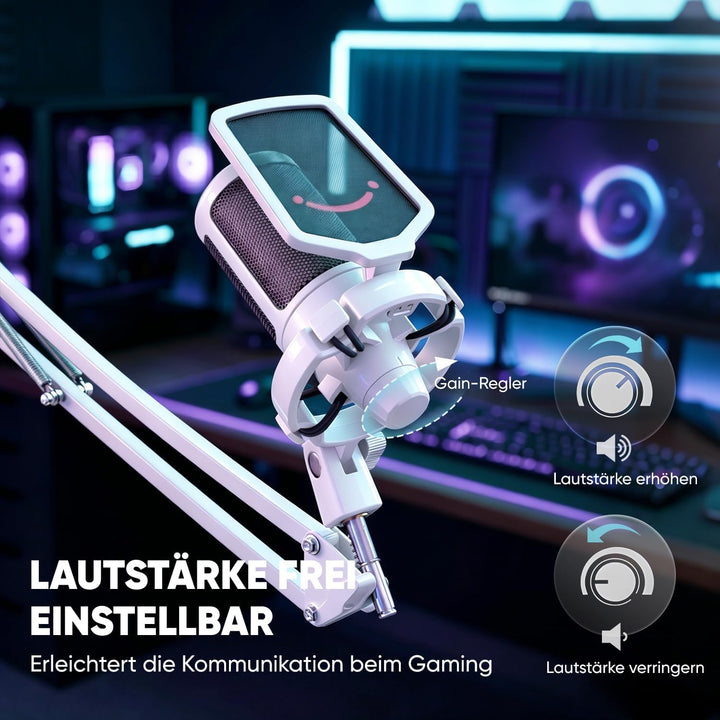 FIFINE USB Mikrofon PC Gaming mit Arm, Typ A/C Microphone Weiss für MAC PS4 PS5 mit Stummschalttaste