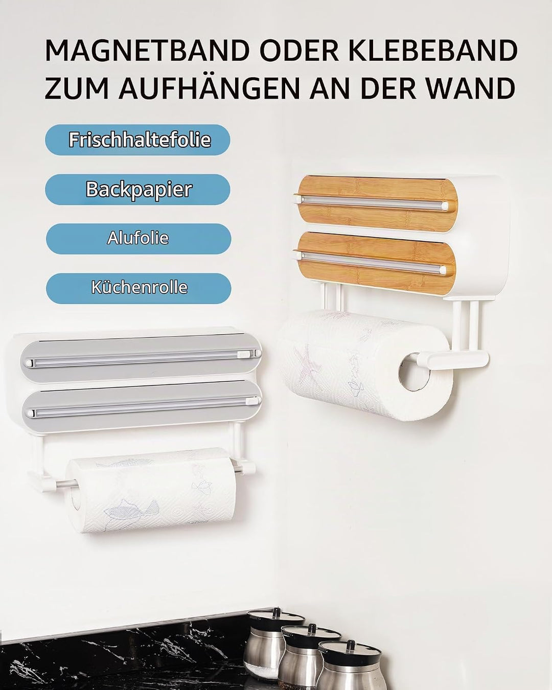 3 in 1 Frischhaltefolienspender mit Cutter, Küchenrollenhalterung mit Küchenrollenhalter, Alufoliens