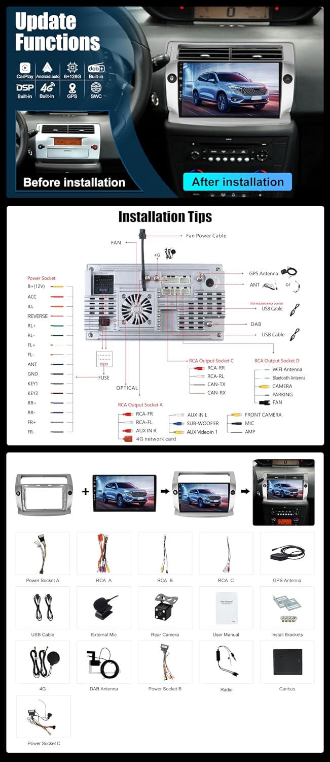 9 Zoll Android 14 Autoradio mit Navi Für Citroen C4/C-Quatre/C-Triomphe 2004-2012 | Octa Core | 6GB